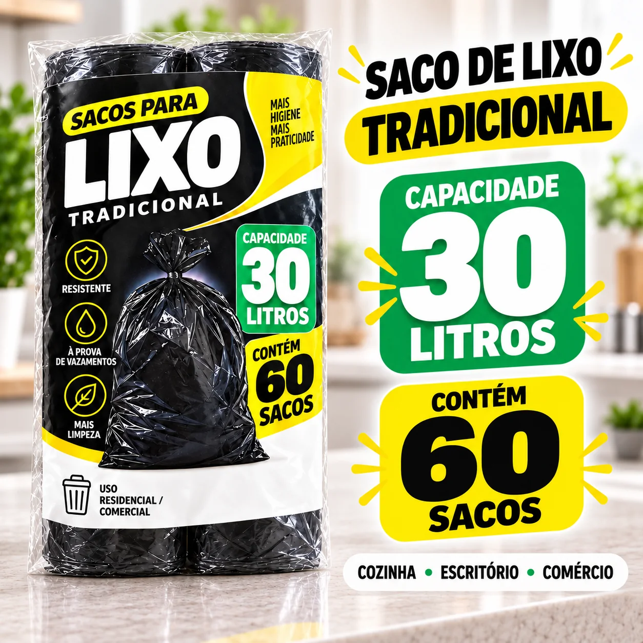 Saco de Lixo Tradicional de 30 litros, cor preto
