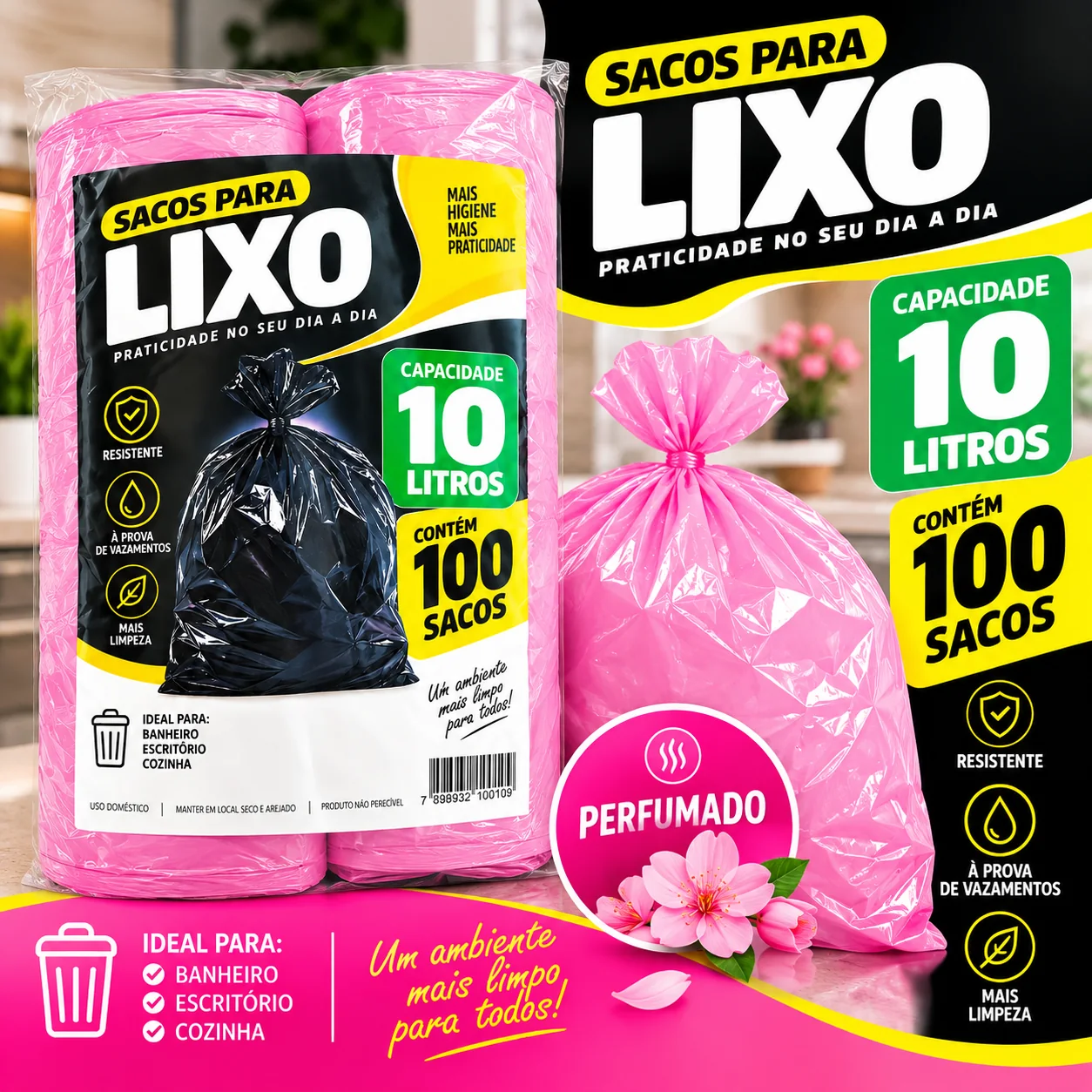 Duas embalagens oficiais da linha de saco de lixo perfumado de 10 litros