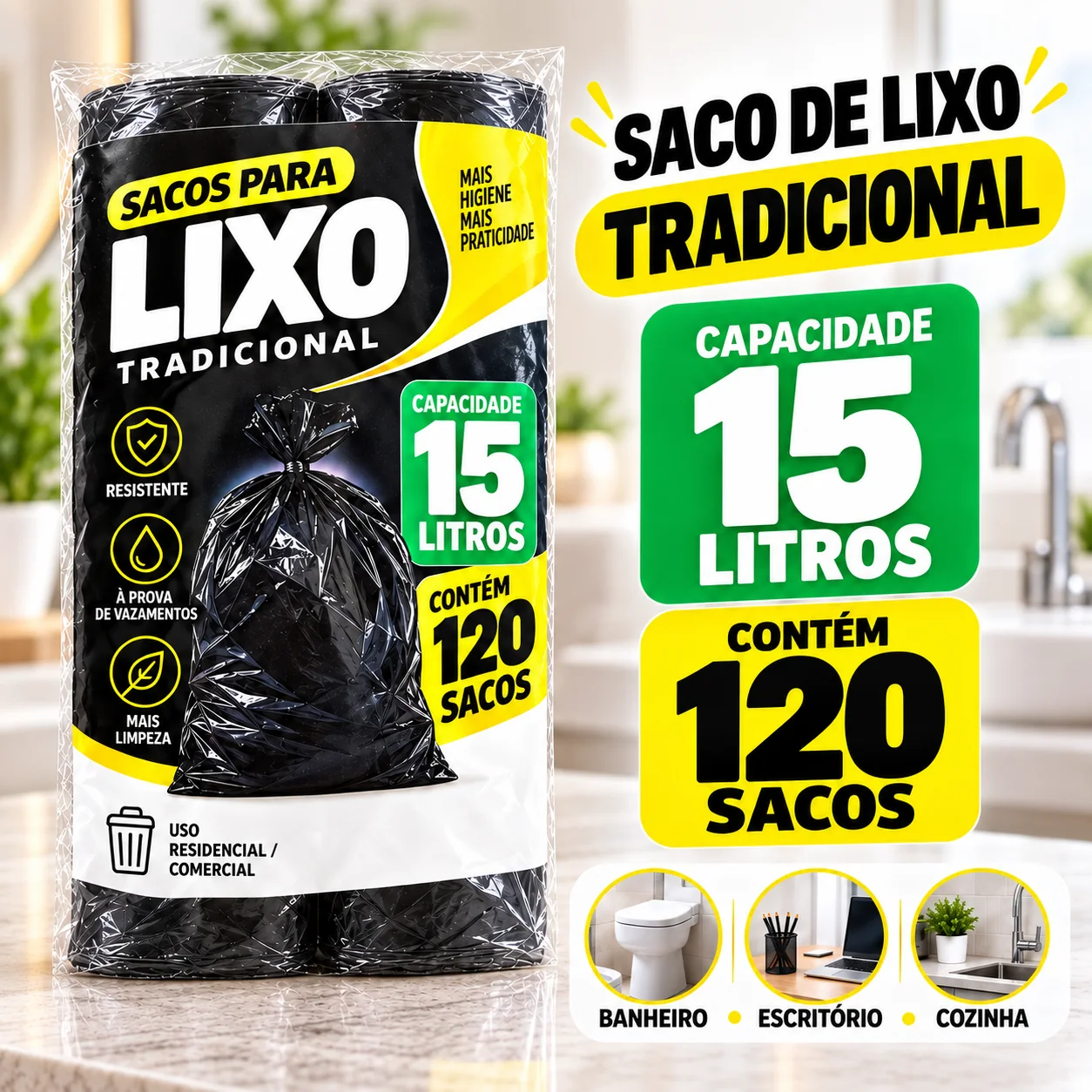 Saco de Lixo Tradicional de 15 litros, cor preto