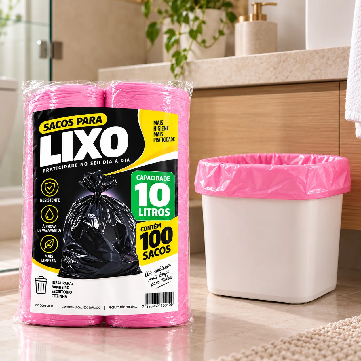 Saco rosa de 10 litros instalado em pequena lixeira em ambiente residencial