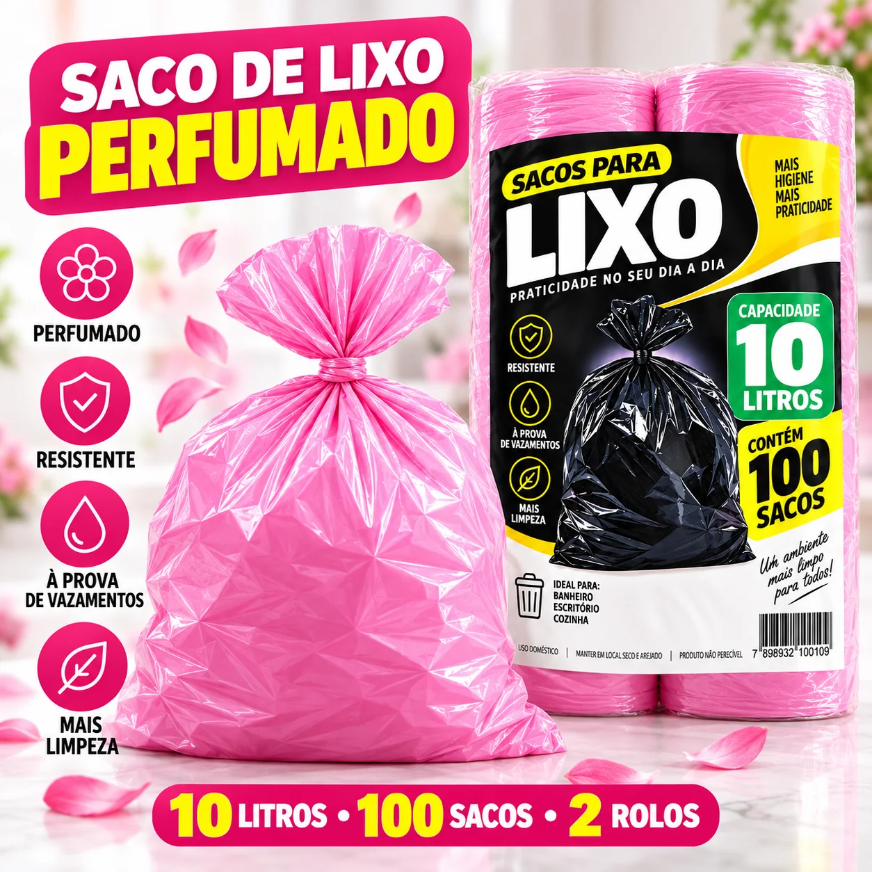 Criativo oficial com benefícios e apresentação do saco de lixo perfumado de 10 litros