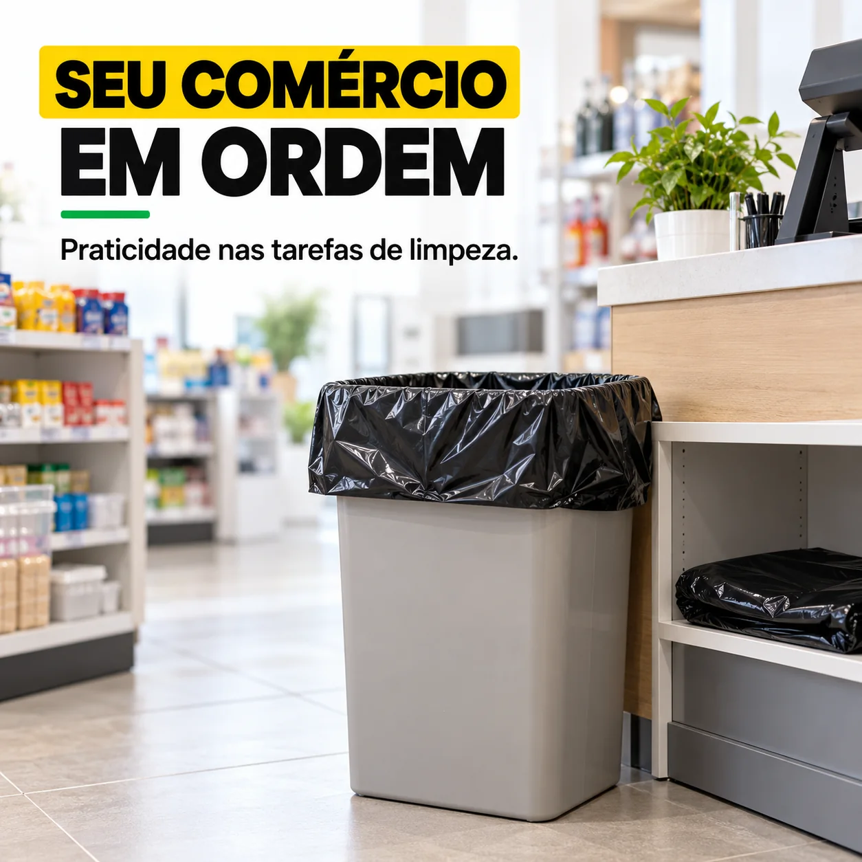 Criativo Seu comércio em ordem com lixeira em ambiente comercial