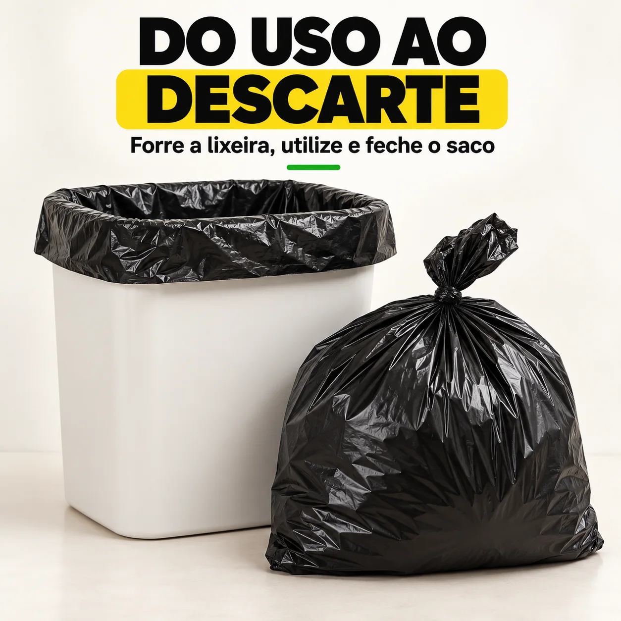 Criativo Do uso ao descarte com lixeira forrada e saco preto fechado