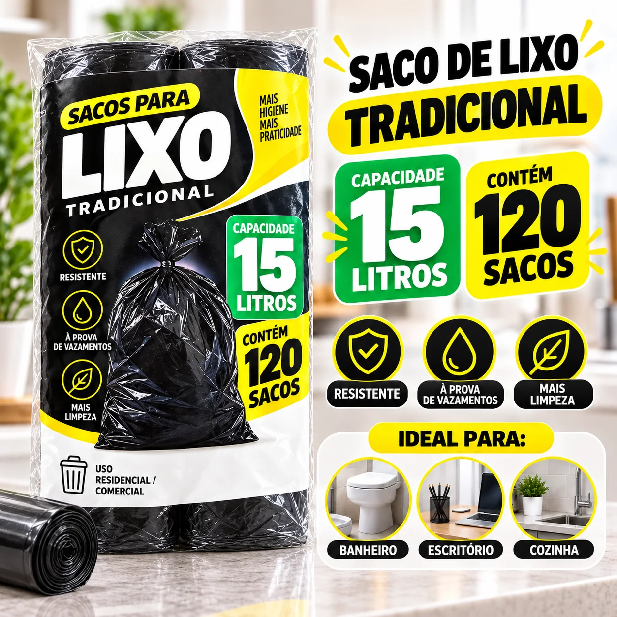 Criativo oficial do saco de lixo tradicional preto de 15 litros com 120 sacos e aplicações