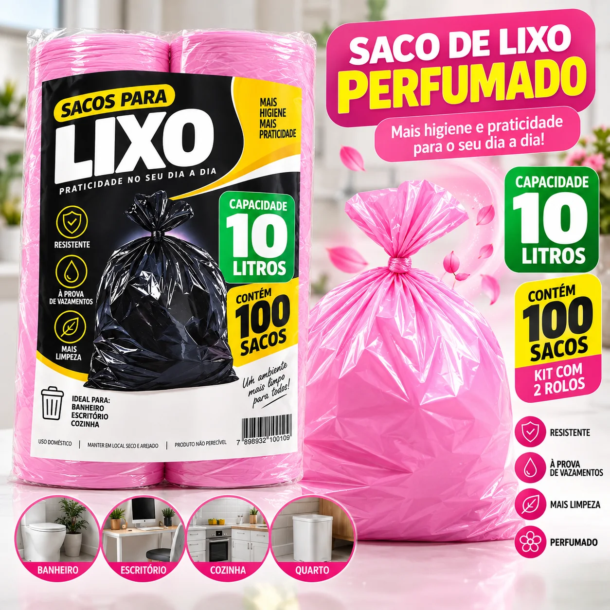 Embalagem e saco rosa fechado da linha perfumada de 10 litros