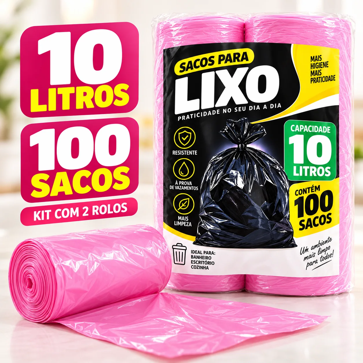 Rolo rosa e embalagem do saco de lixo perfumado de 10 litros
