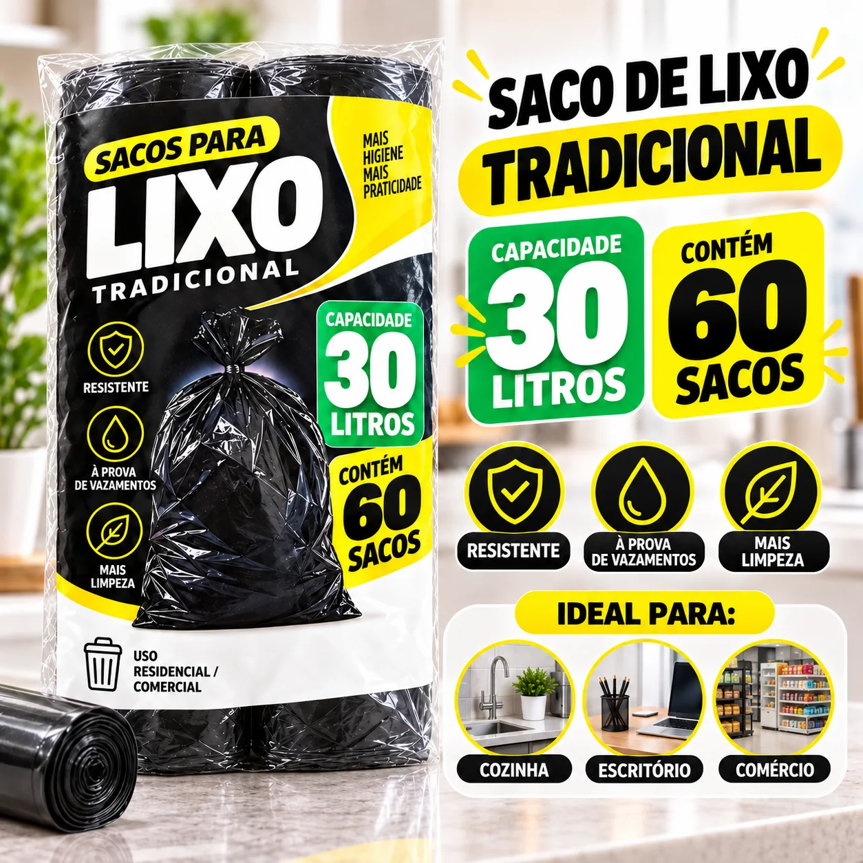 Criativo oficial do saco de lixo tradicional preto de 30 litros com 60 sacos