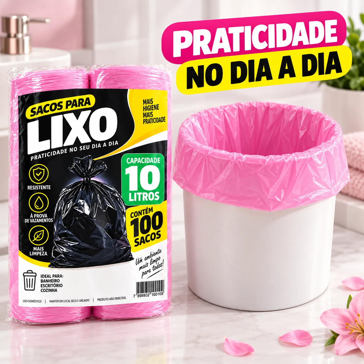 Saco rosa perfumado em lixeira branca de banheiro