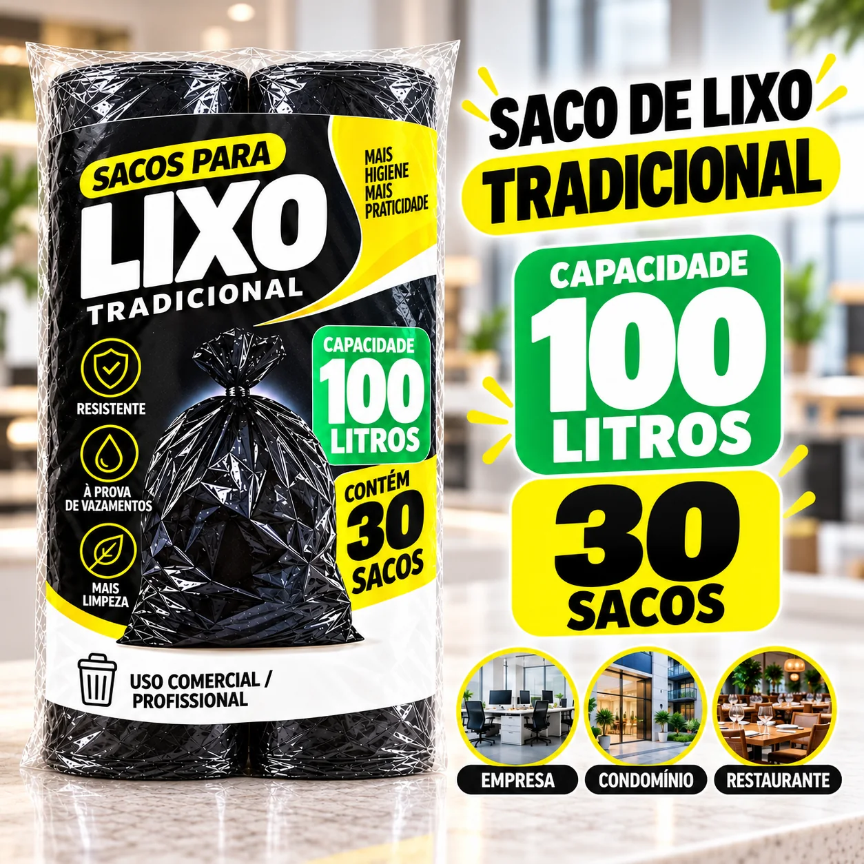Saco de Lixo Tradicional de 100 litros, cor preto