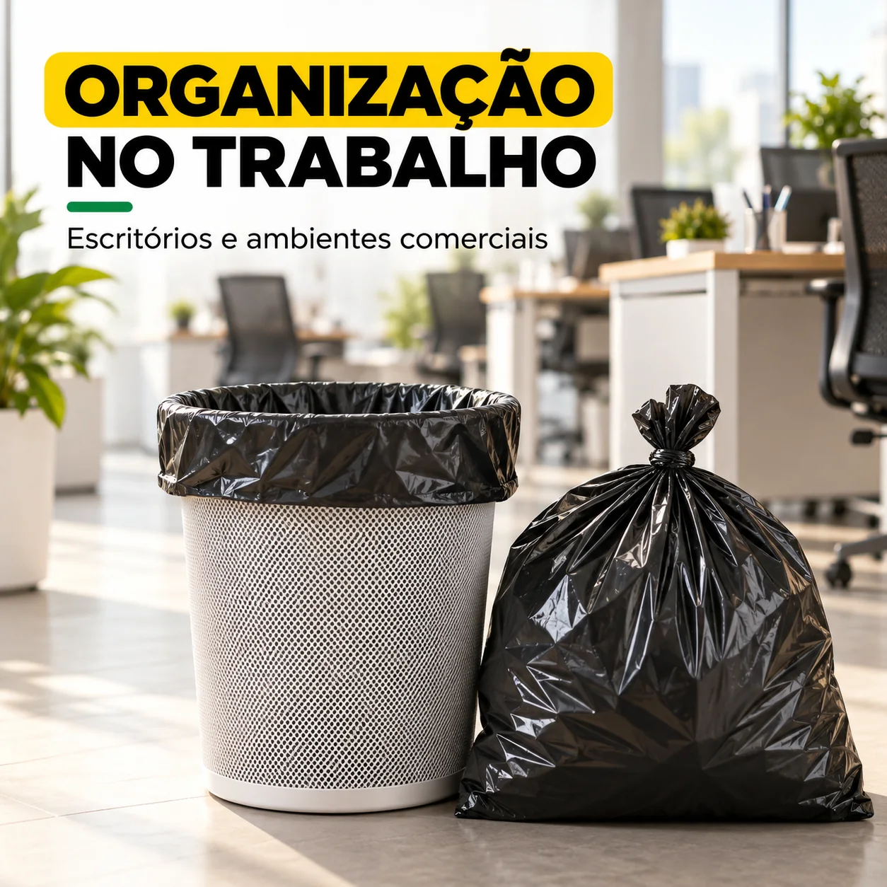 Criativo Organização no trabalho com lixeira e saco em escritório