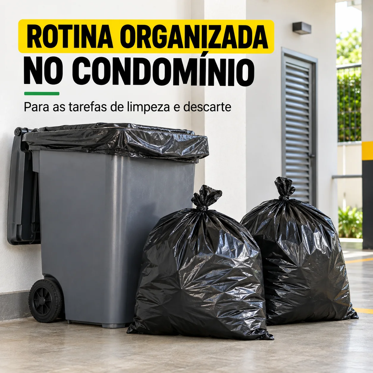 Criativo Rotina organizada no condomínio com lixeiras para limpeza