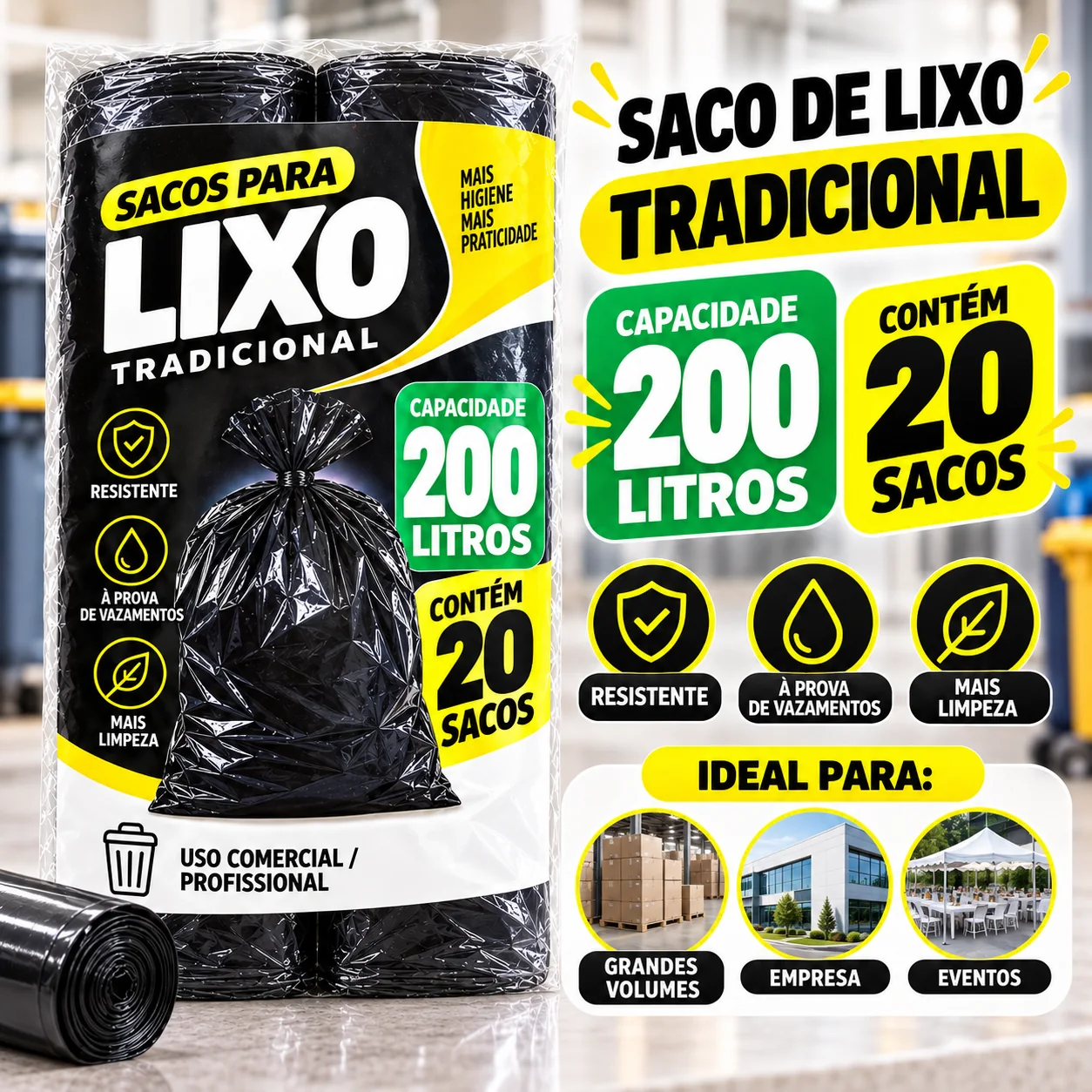 Criativo oficial do saco de lixo tradicional preto de 200 litros com 20 sacos