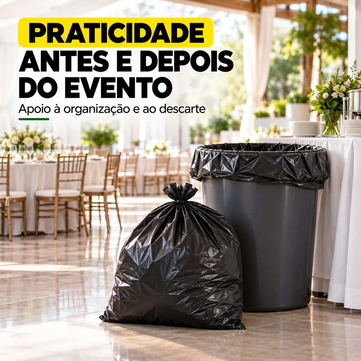 Criativo Praticidade antes e depois do evento com lixeira e saco fechado
