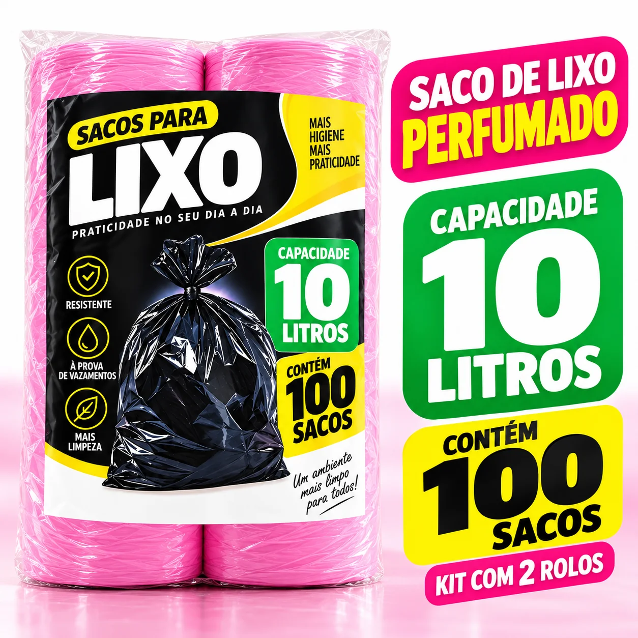 Criativo do perfumado 10 litros com embalagem, saco rosa e quantidade de 100 sacos