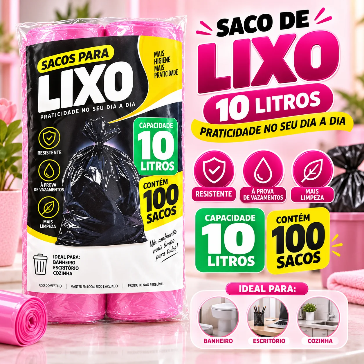 Saco de Lixo Perfumado de 10 litros, cor rosa