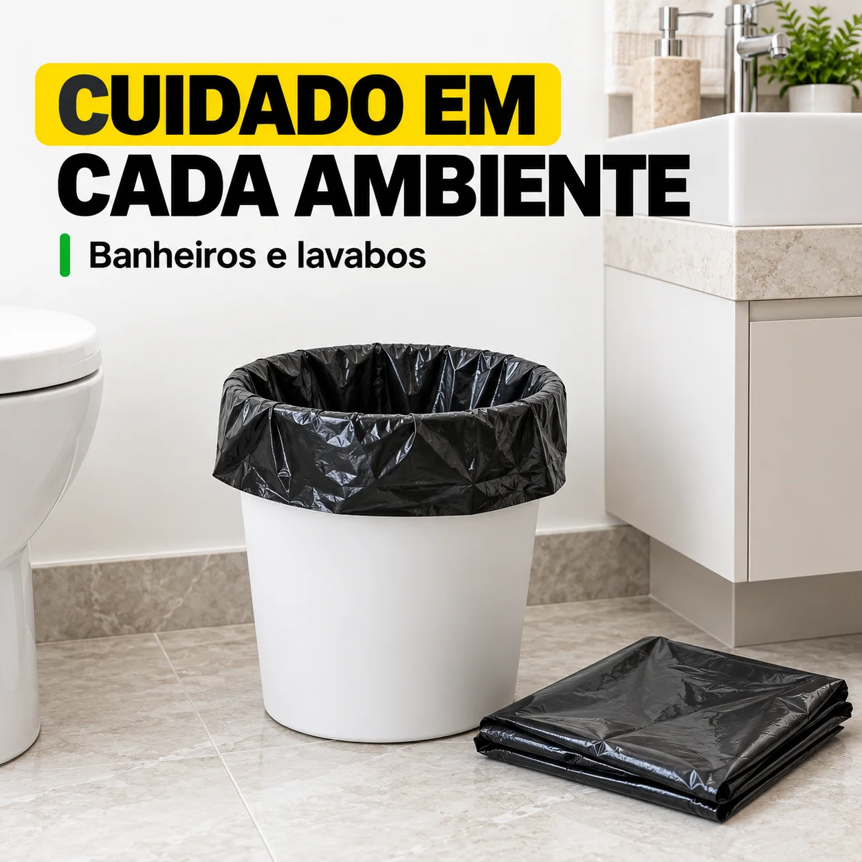 Criativo Cuidado em cada ambiente com lixeira forrada em banheiro