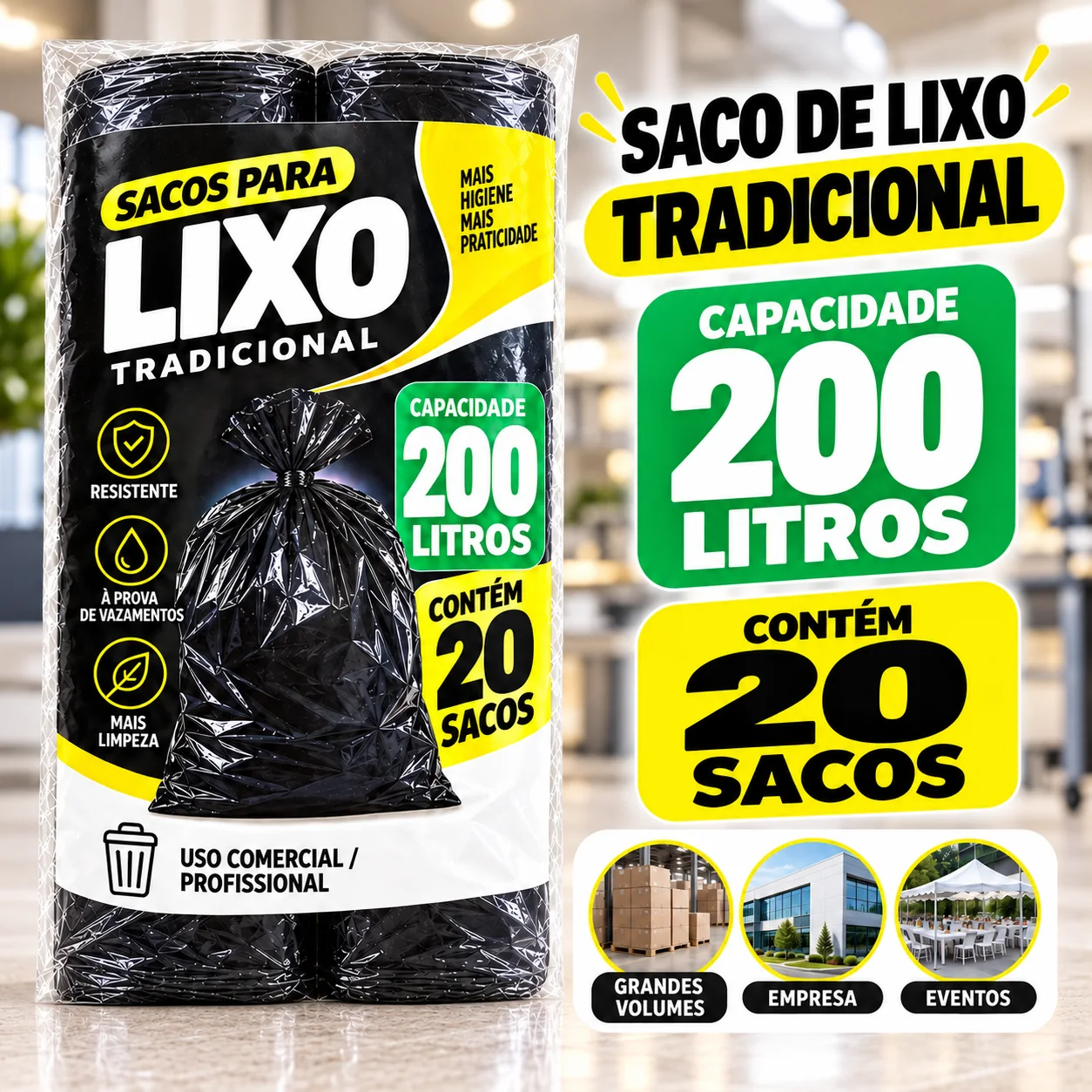 Saco de Lixo Tradicional de 200 litros, cor preto