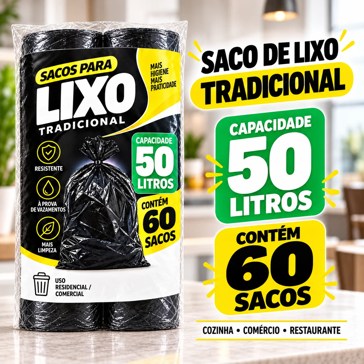 Saco de Lixo Tradicional de 50 litros, cor preto