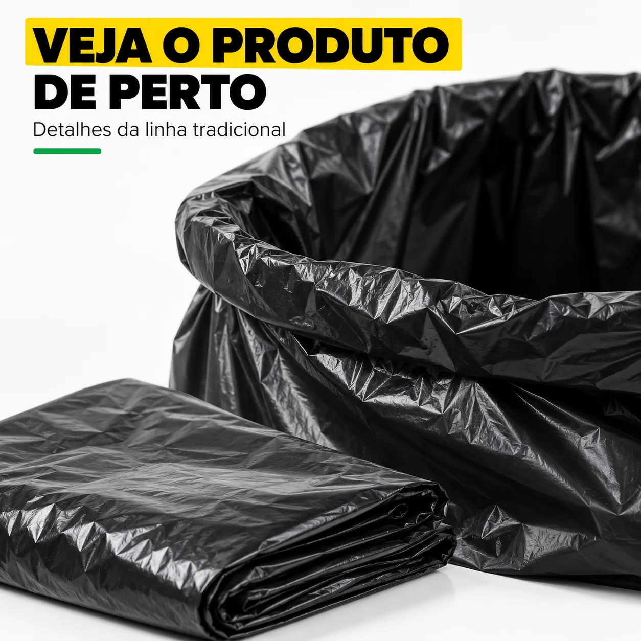 Criativo Veja o produto de perto com saco preto aberto e material dobrado