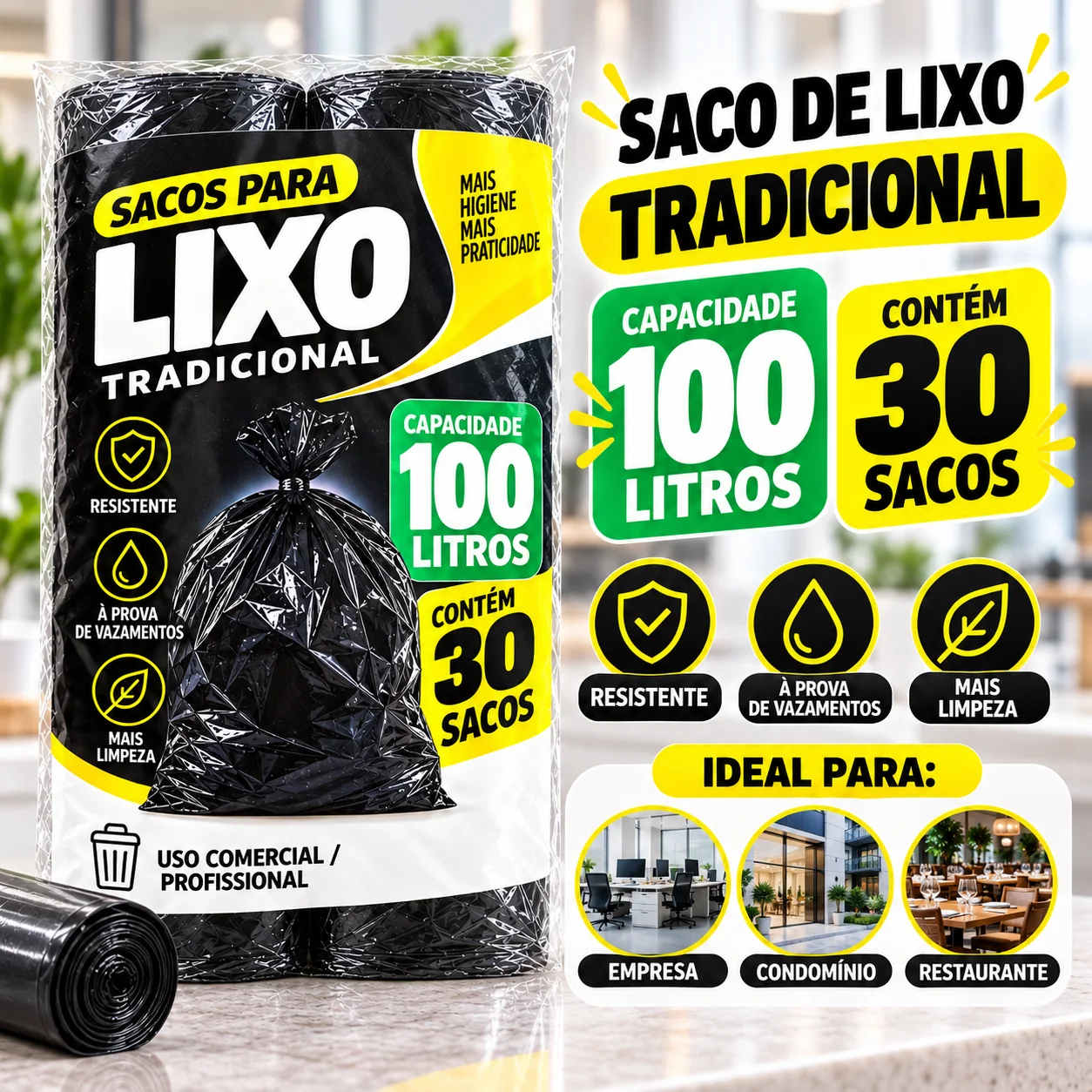 Criativo oficial do saco de lixo tradicional preto de 100 litros com 30 sacos